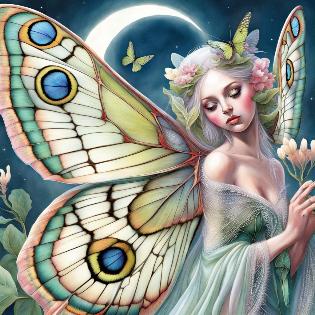 fairy with wing of graellsia isabellae spanish moon moth