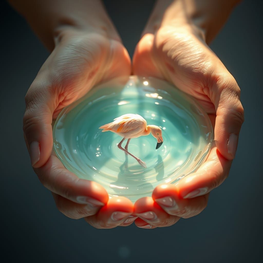 Delicate Hands Cradle Miniature Ocean with Flamingo