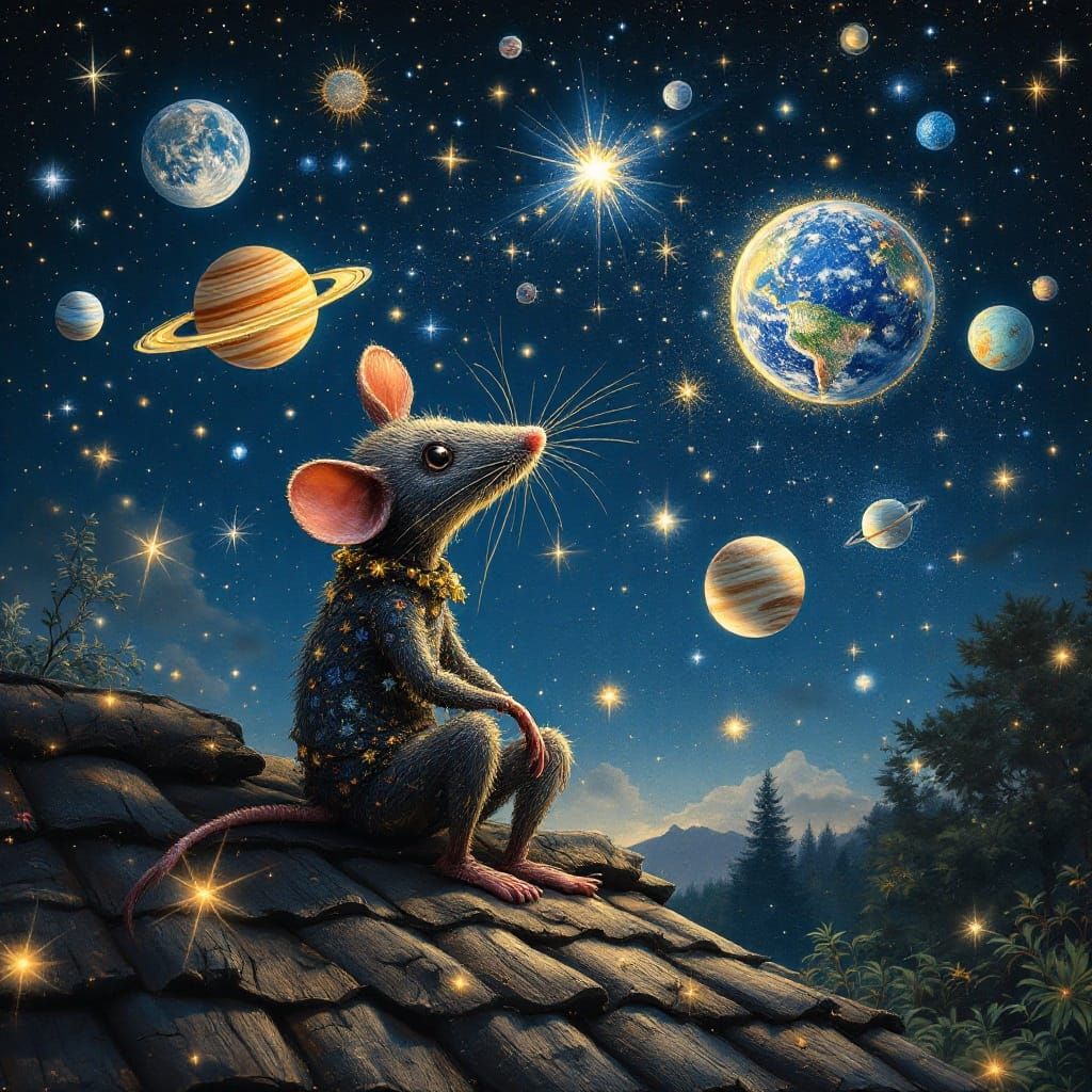 Starry Night Landscape with a Rat Puppet in Hyper-Realistic ...