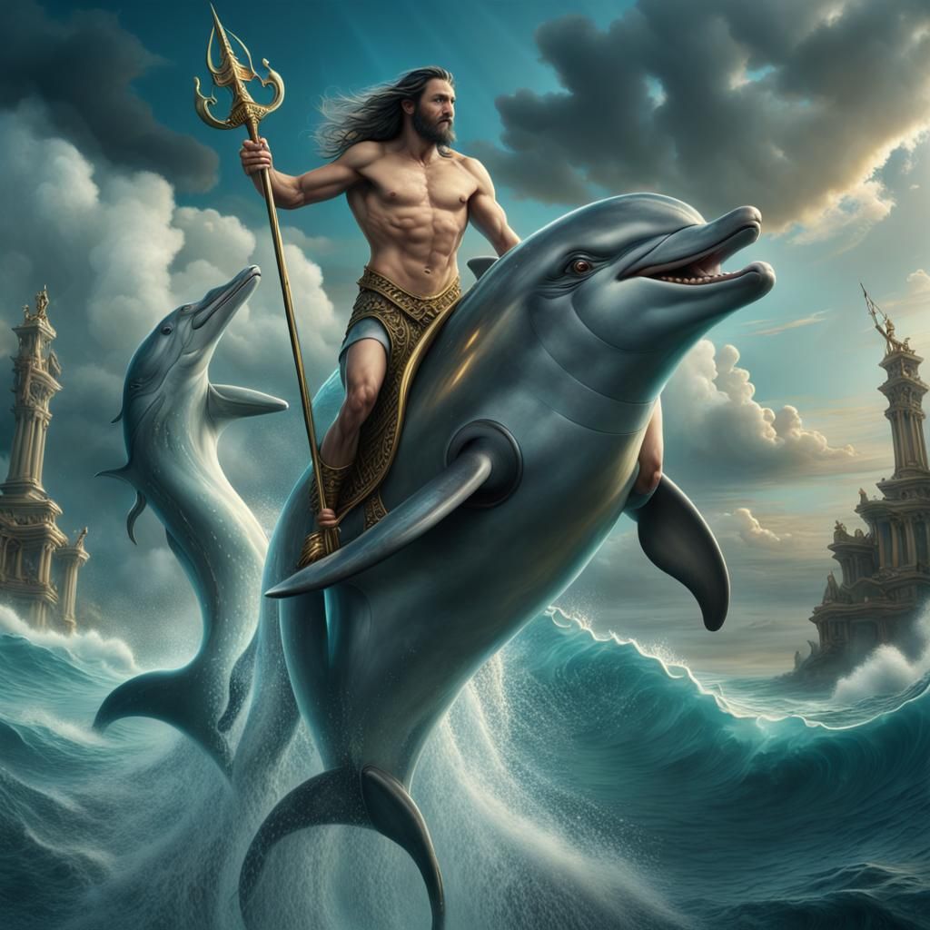 Poseidon riding on a dolphin while holding his trident. Epic...
