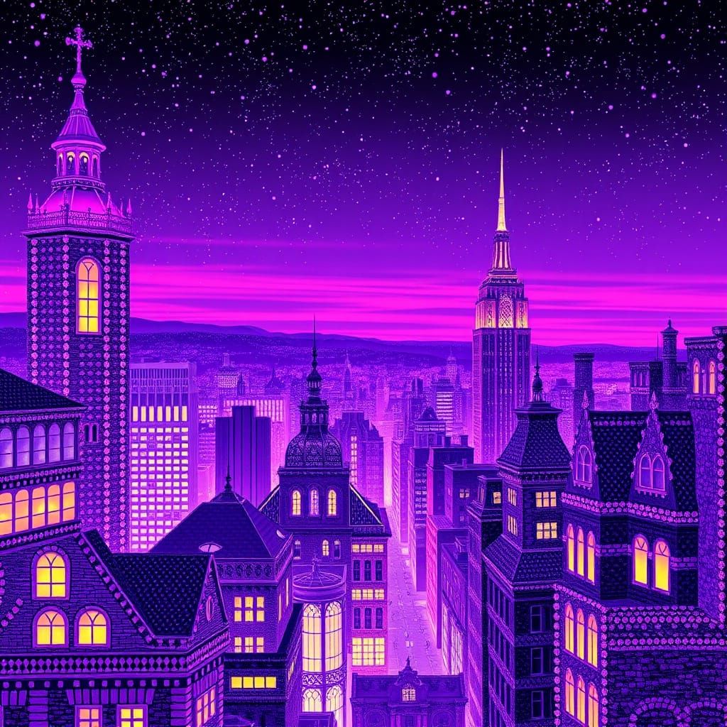 Purple Cityscape with Diamond Art in Art Nouveau Style