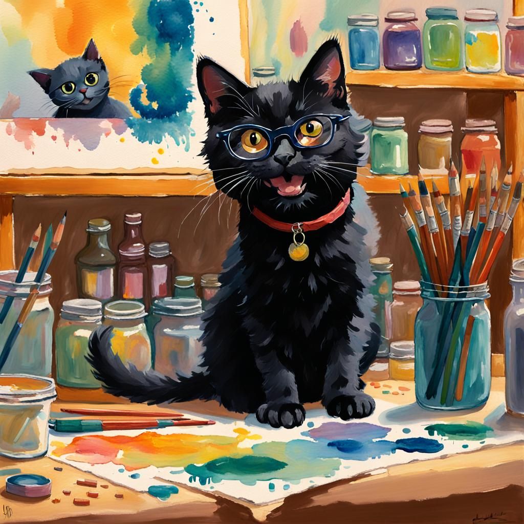 Joyful Cat in Impressionist Painting Studio