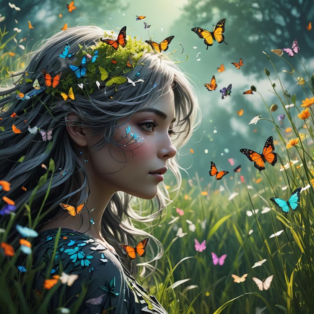 Enchanting Silhouette: Grass, Flowers, and Butterflies