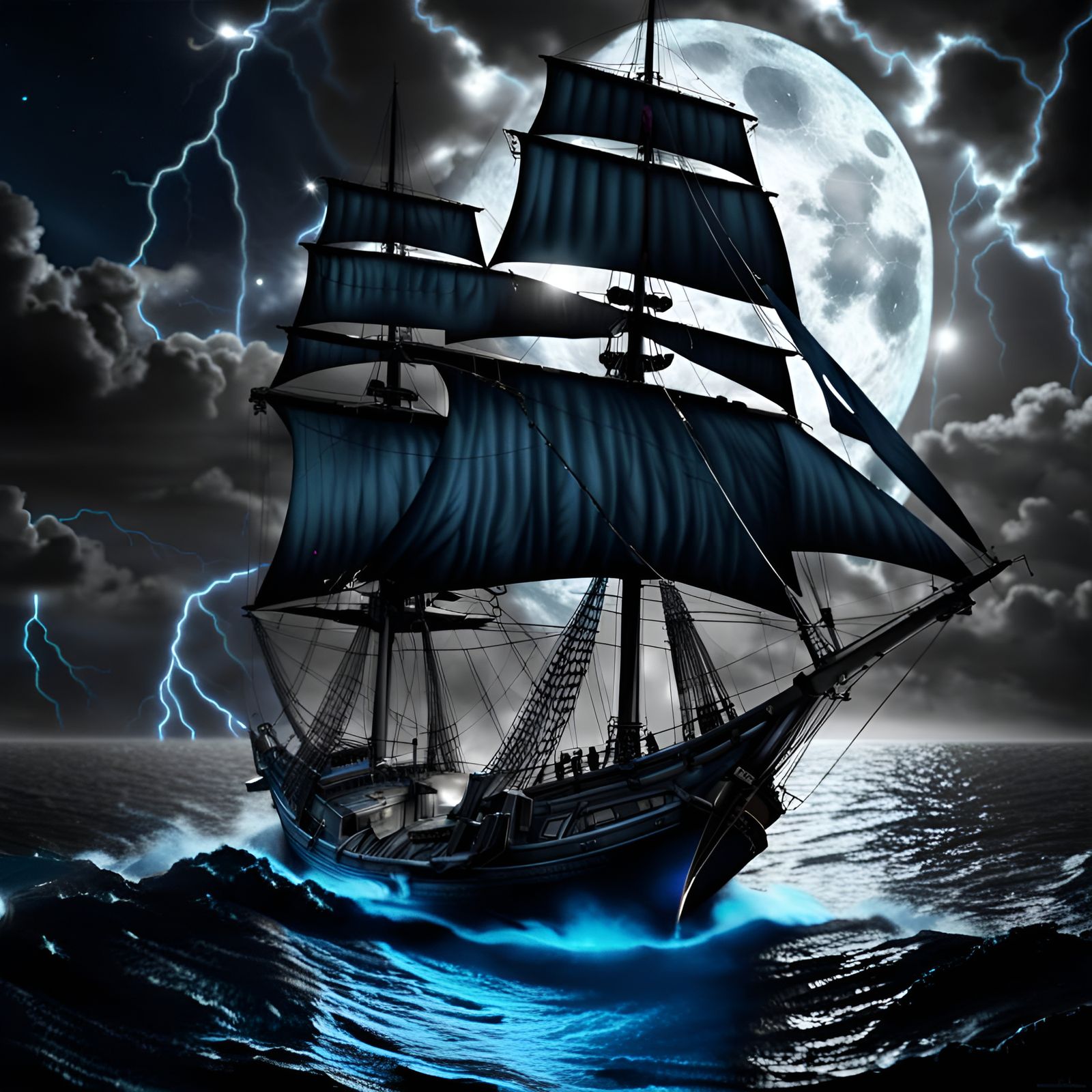 Pirate Sailboat in Electric Storm with Nebula