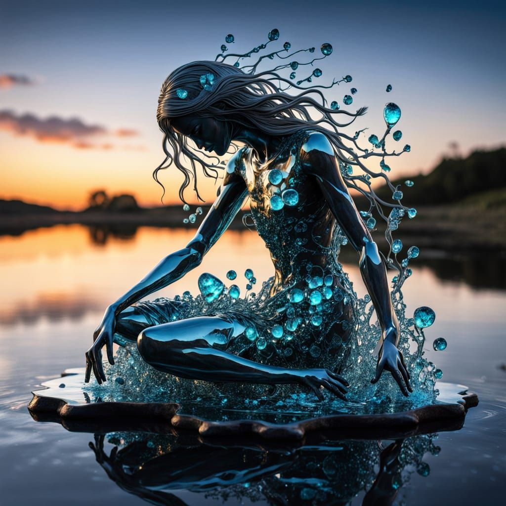 Fragmented Sculpture of Woman by Sunset in Bio Art Style