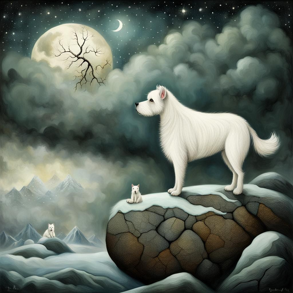 Dog in Winter Storm, Fairy-Tale Illustration