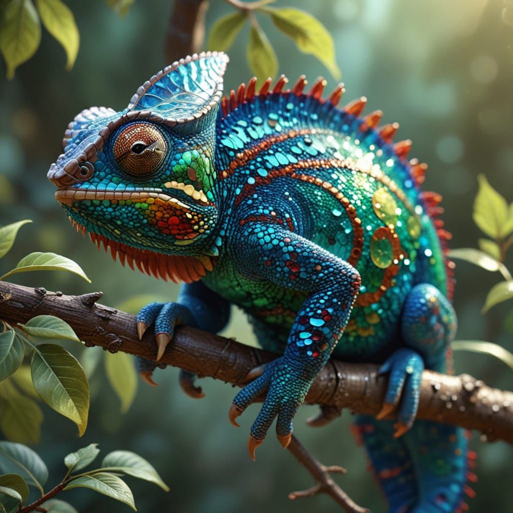 Vibrant Sequin Chameleon in Macro Digital Art