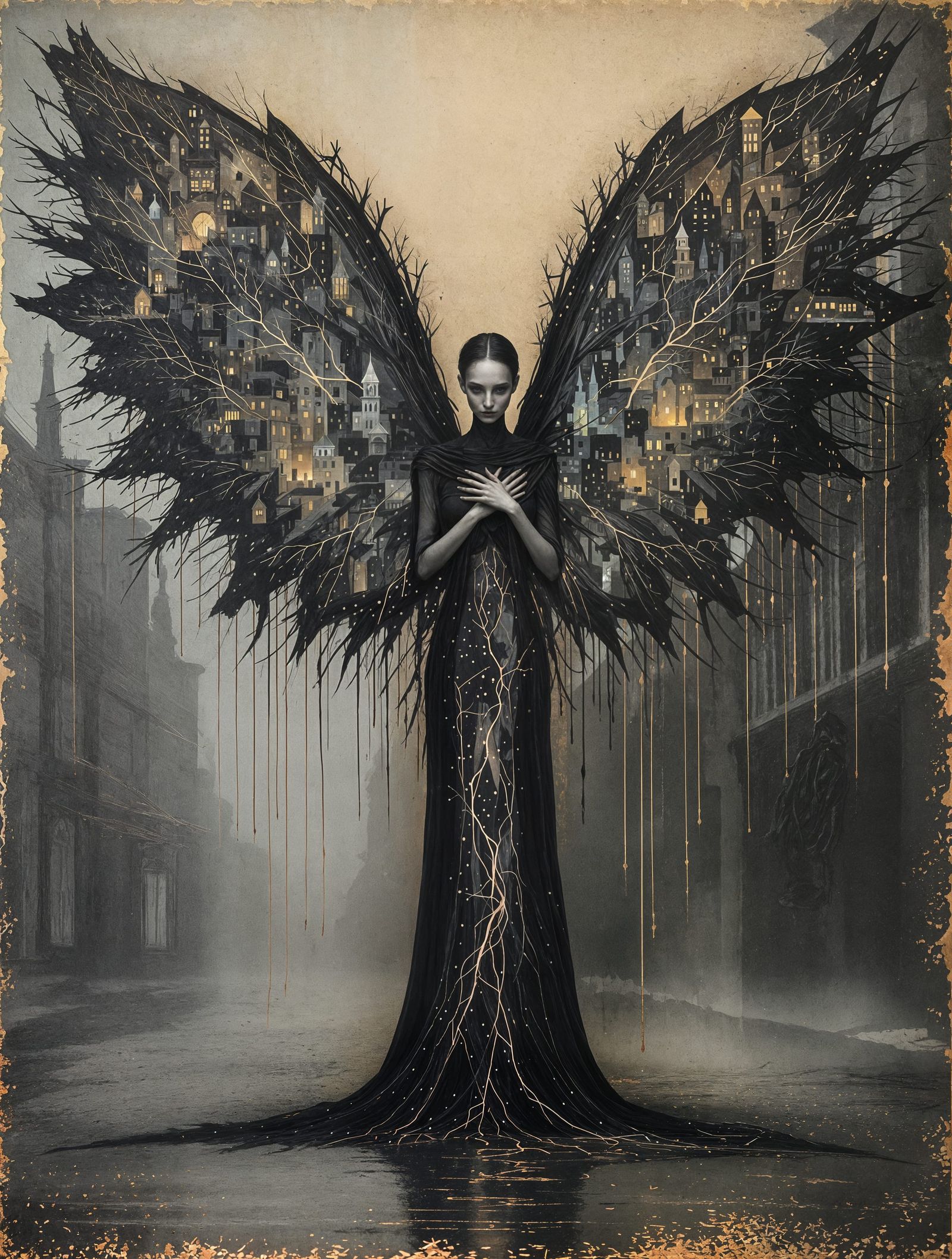 Ethereal Fairy in Cityscape Wings: Waxed Pigment Monotype