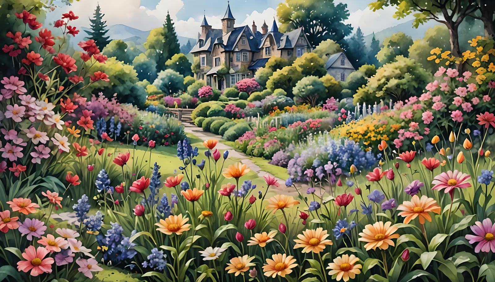 Spring Garden Landscape in Watercolor Style