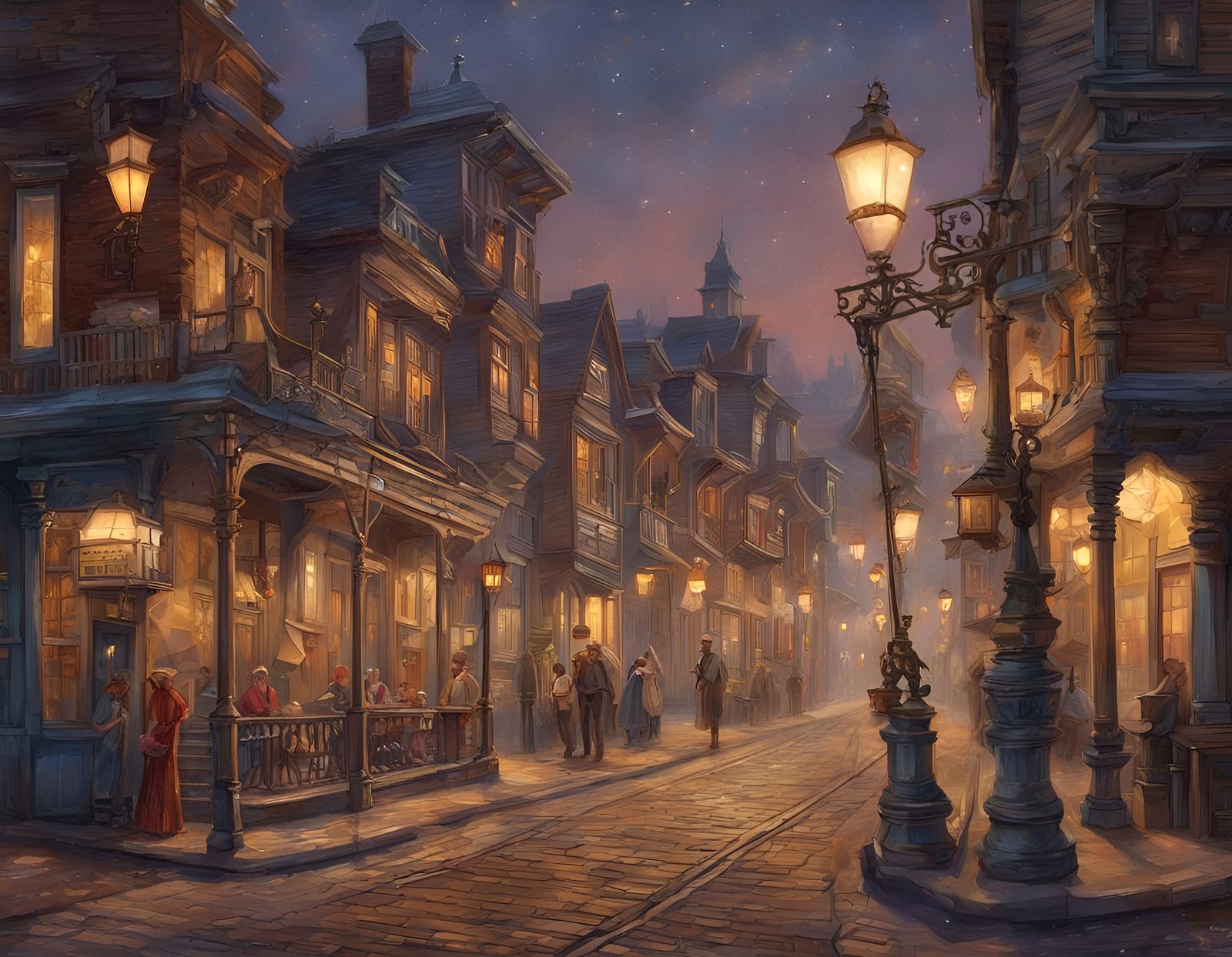 Ornate Old Western Town at Night in Gouache