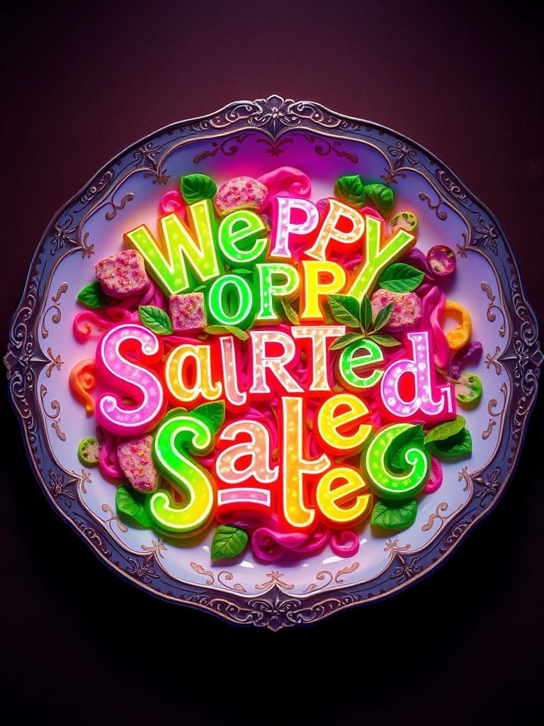 Psychedelic Art Deco Word Salad on China Plate