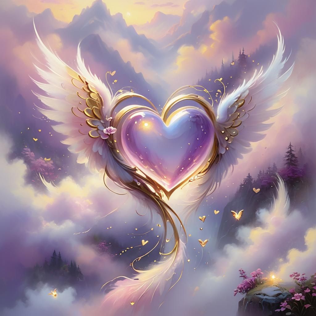 Ethereal Heart in a Misty Fantasy Landscape