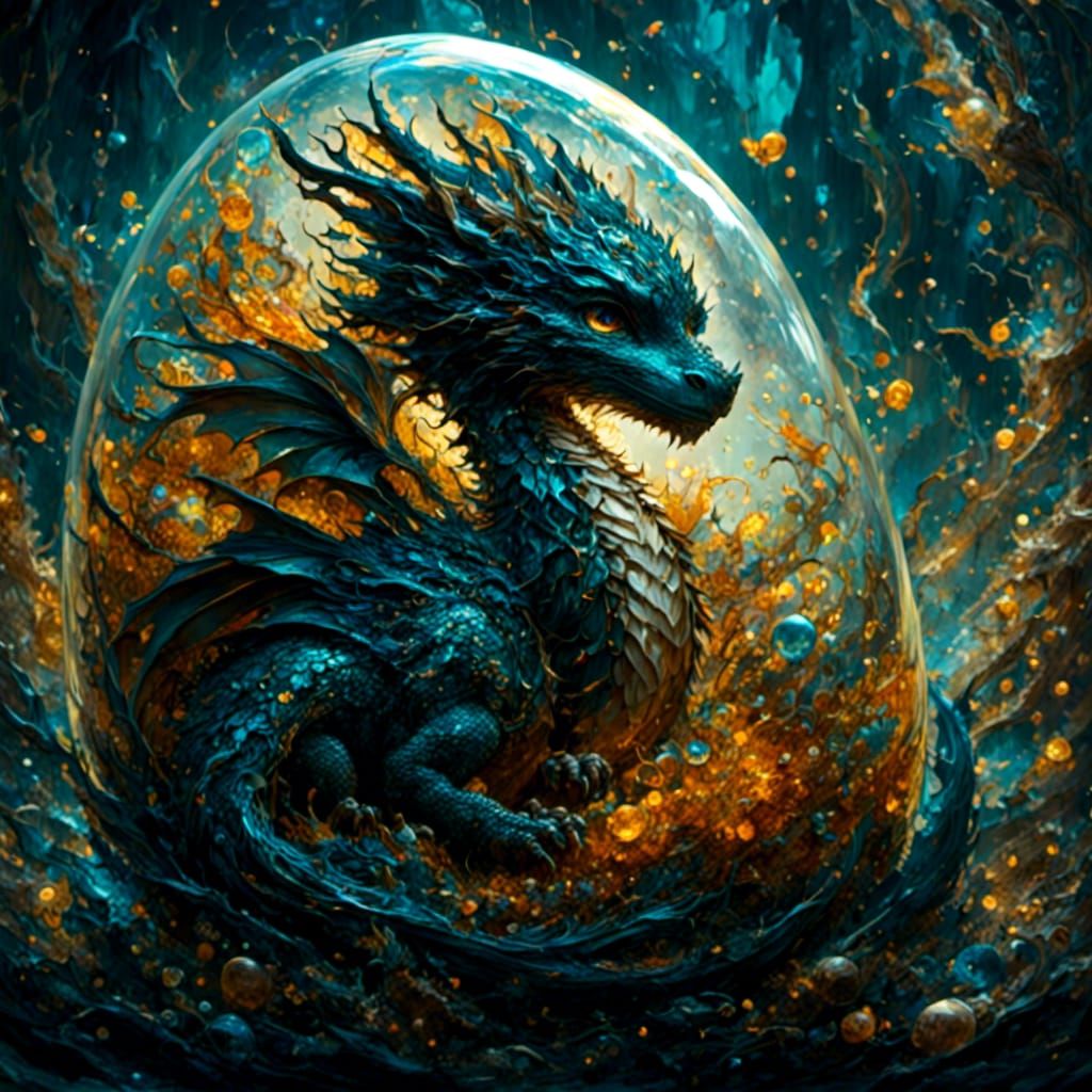 Sleeping Dragon Cub in Translucent Egg, Hyperrealism