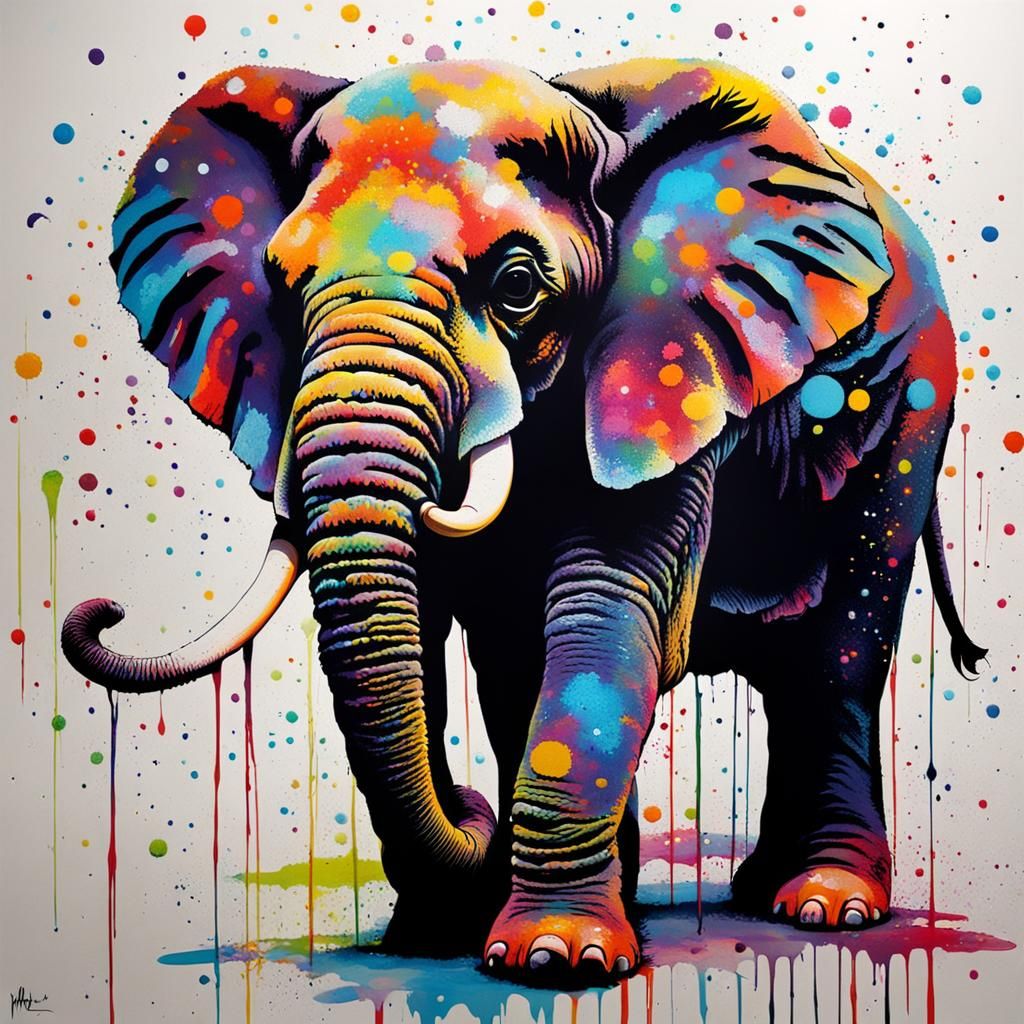 Colorful Elephant Dot Painting in Graffiti Style