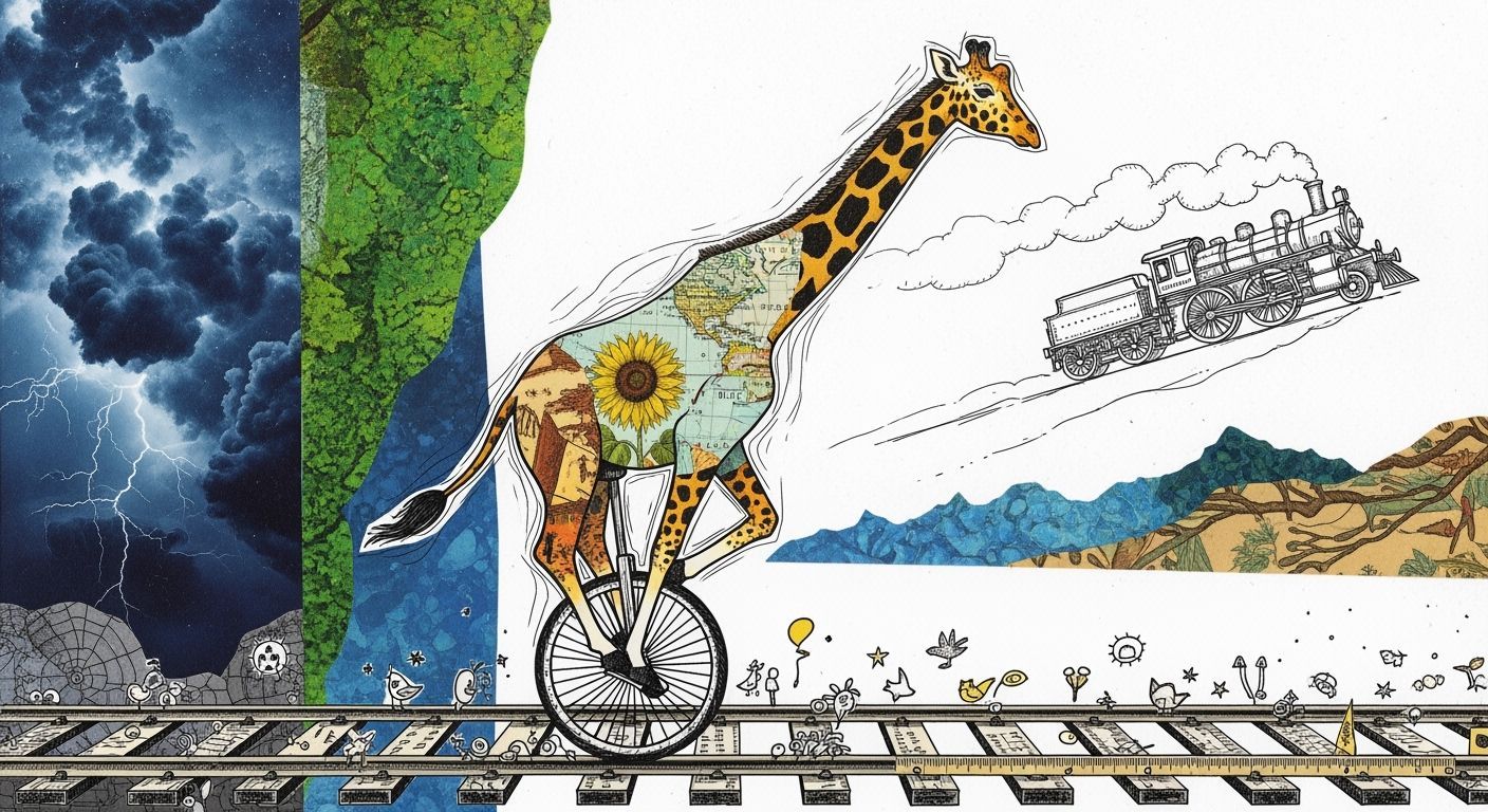 Surreal Giraffe Unicyclist on Railway Collage