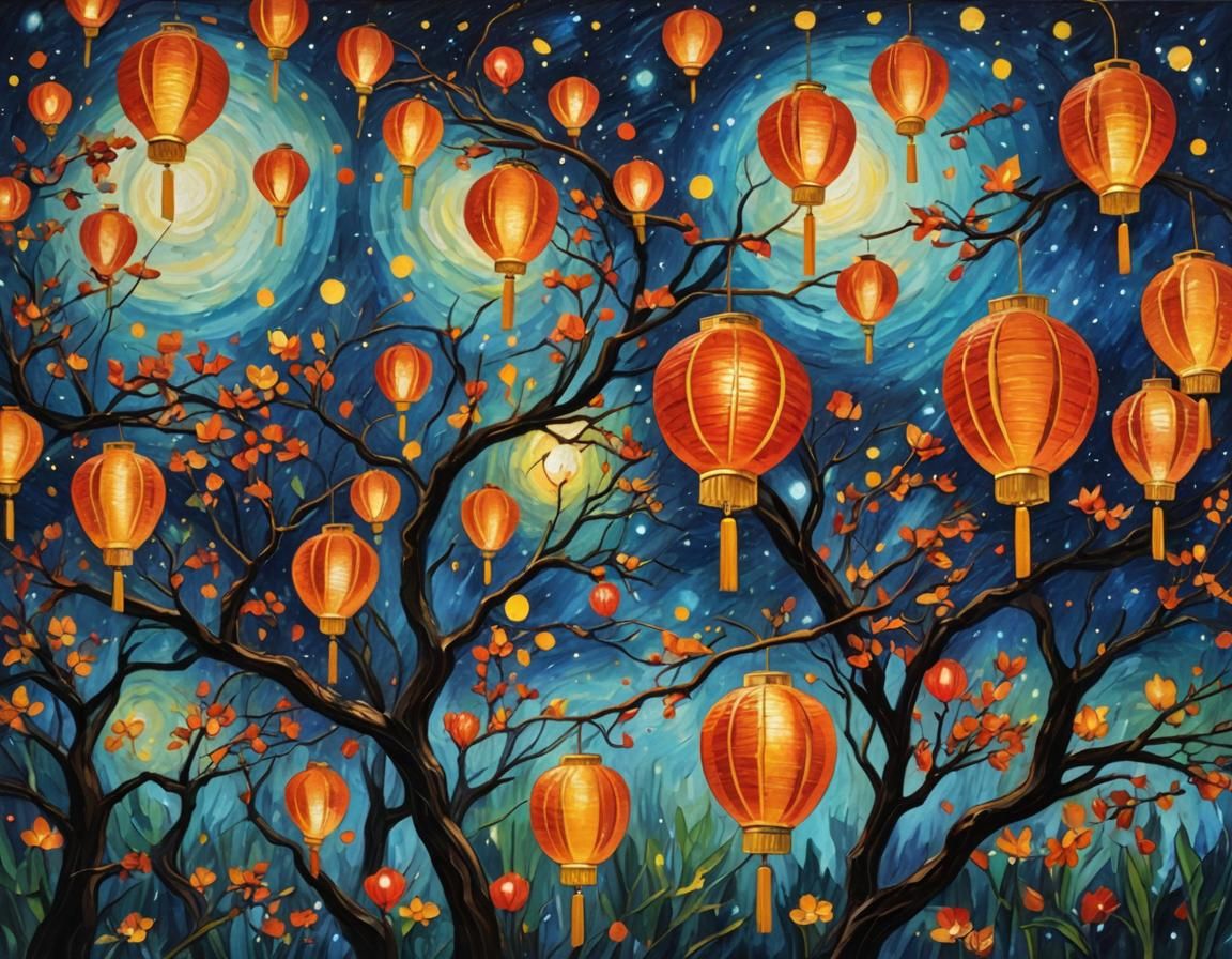 Chinese Lanterns in Starry Night Sky as Impressionist Painti...