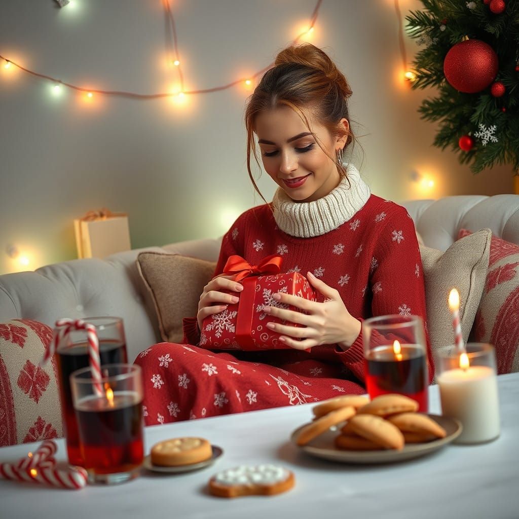 A Beautiful Woman Wraps a Gift in a Cozy Room with Warm Ambi...