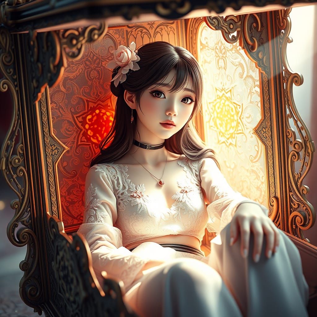 Woman in Ornate Box: Vibrant 3D Anime Art