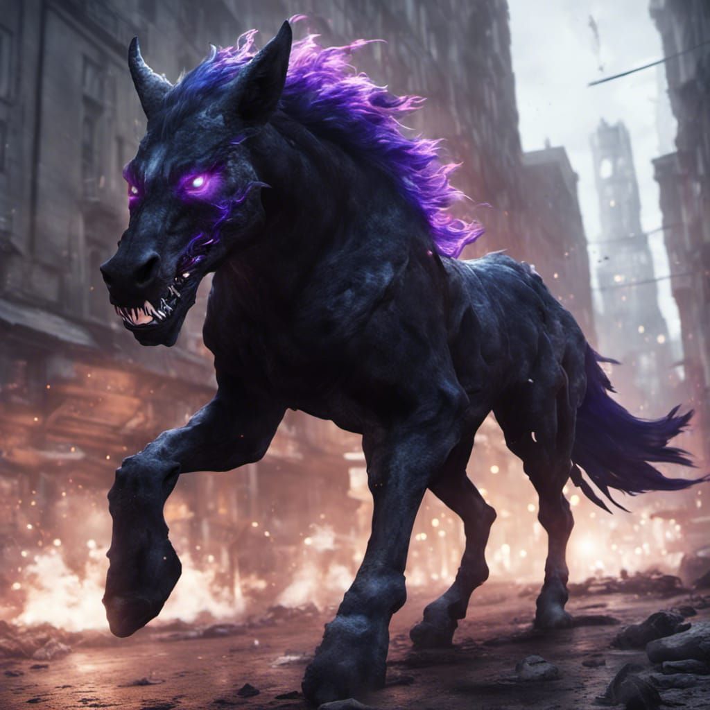 Demonic Horse-Wolf Hybrid with Flaming Mane in Apocalyptic C...
