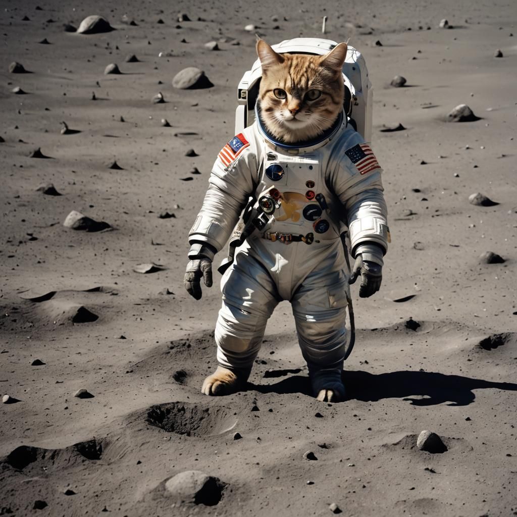 Cat Astronaut on the Moon in Retro-Futuristic Style