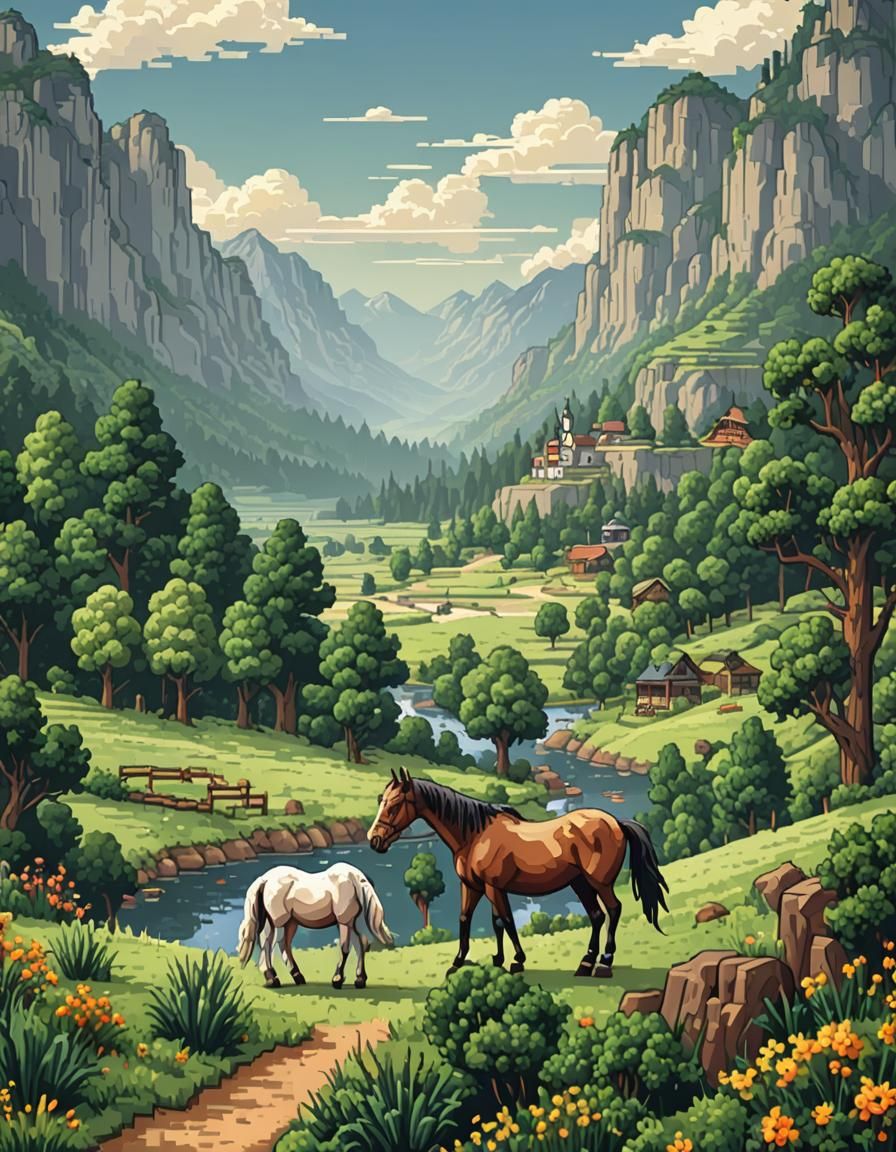 Pixel Art Landscape with Horse