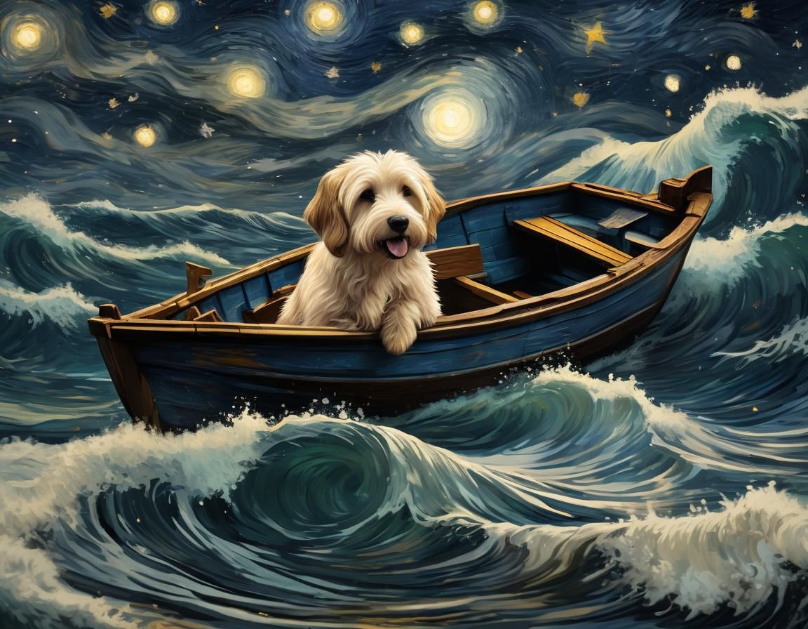 Dog on Stormy Sea in Van Gogh Starry Night Style