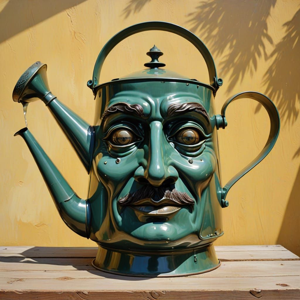 Surreal Watering Can Face in Warm Sunlight, Oil Painting