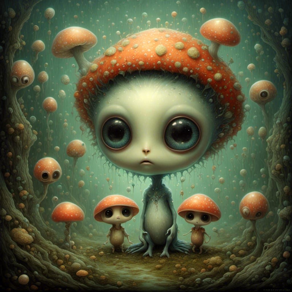 Whimsical Alien with Mushrooms in Kitsch Style