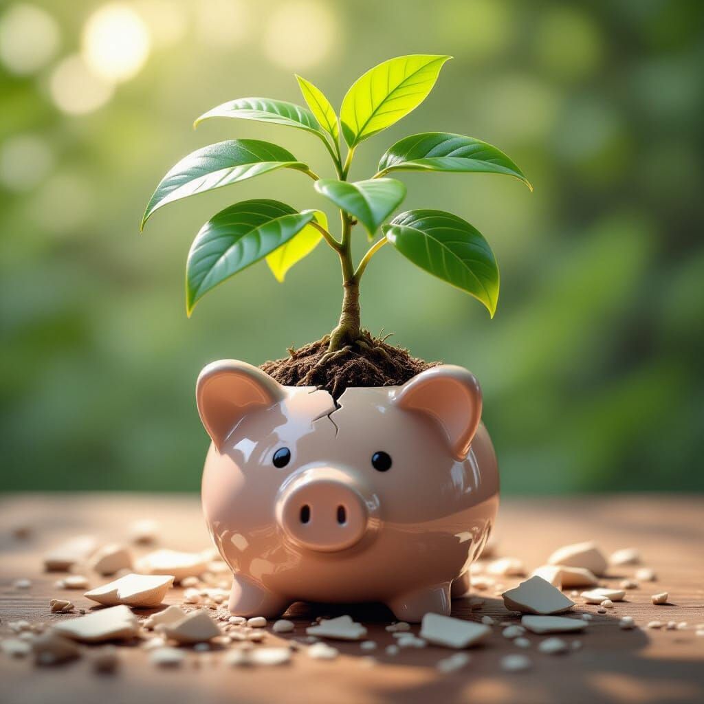 Money Tree Sprouts in Broken Piggy Bank
