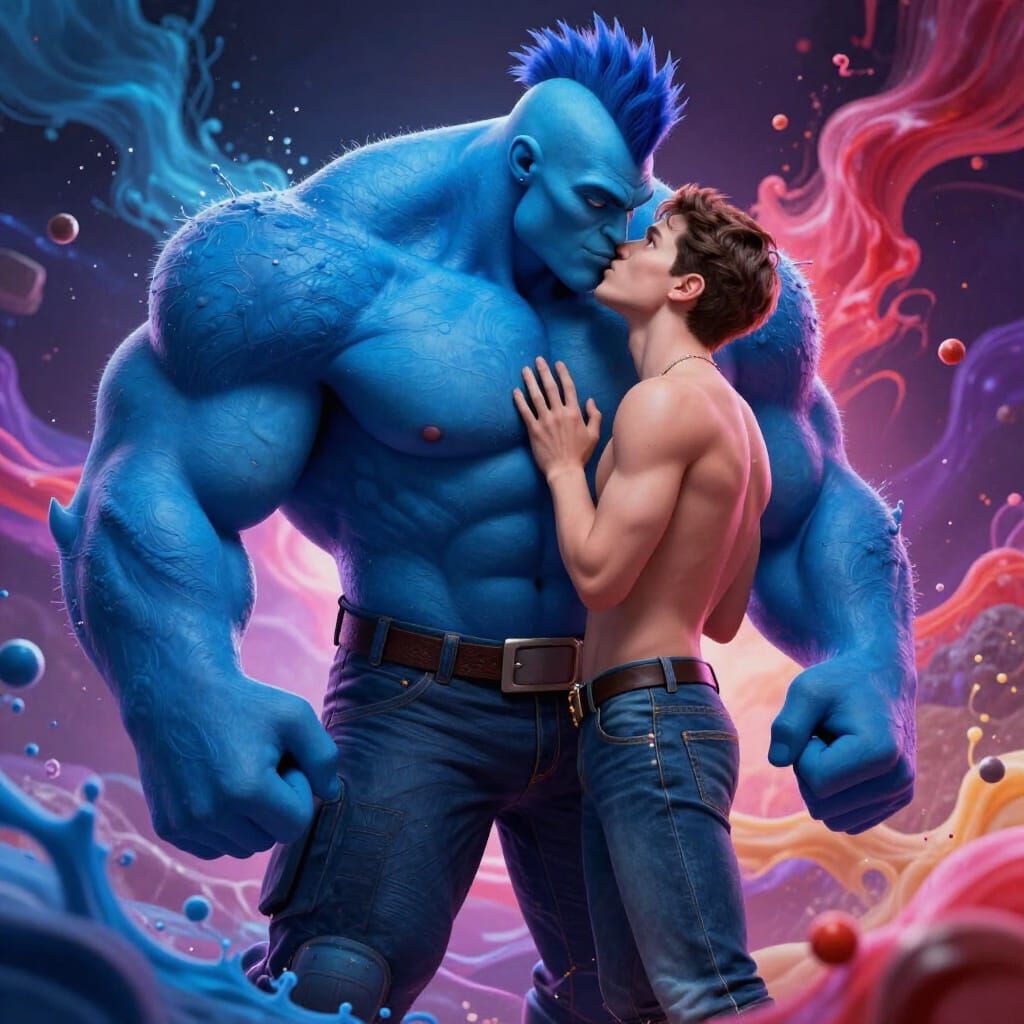 Massive Blue Alien Embraces Muscular Man in Space