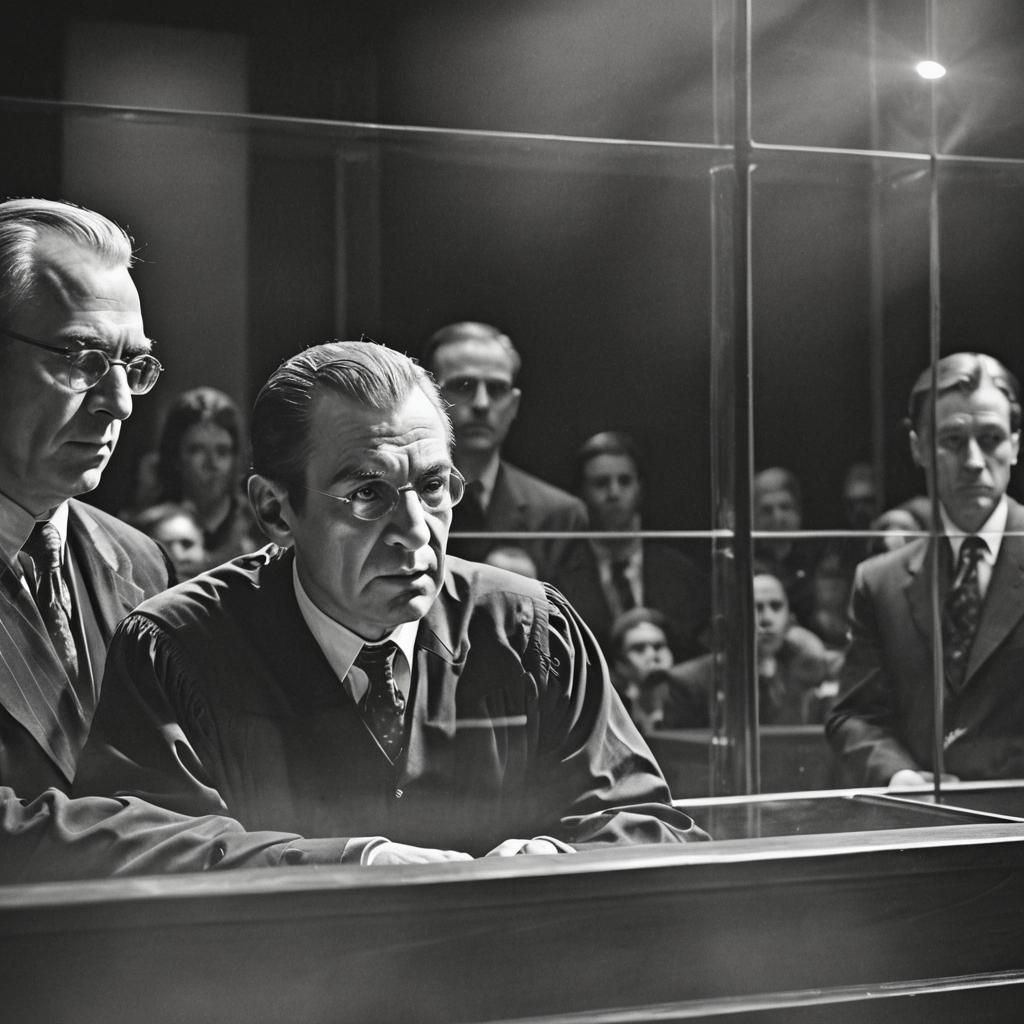 Intense Courtroom Drama with Ominous Shadows