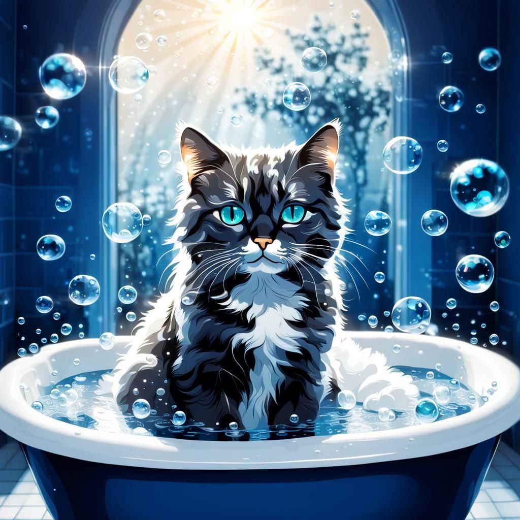 Monochrome Glass Cat in Bubbles with Sunbeams