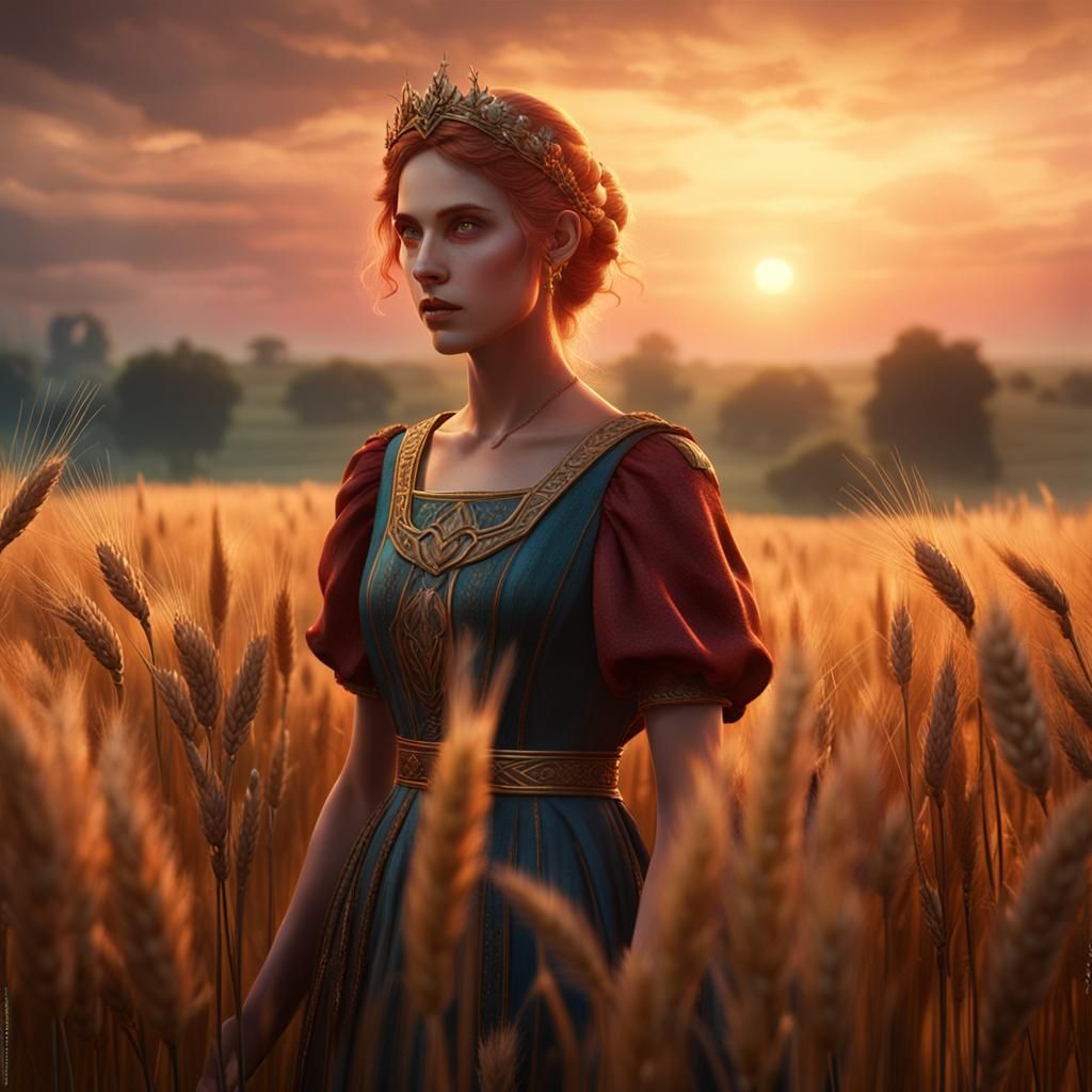 Persephone in Wheat Field: Detailed Matte Painting