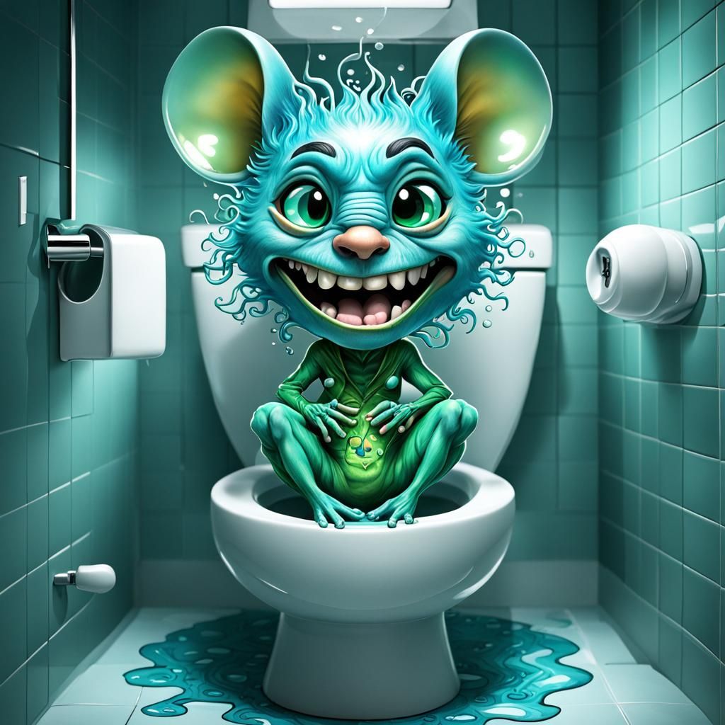 Angry Aqua Chibi Mouse on Toilet, Psychedelic Art