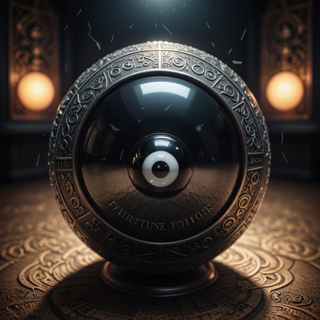 A magical fortune-telling Magic 8-Ball revealing cryptic messages