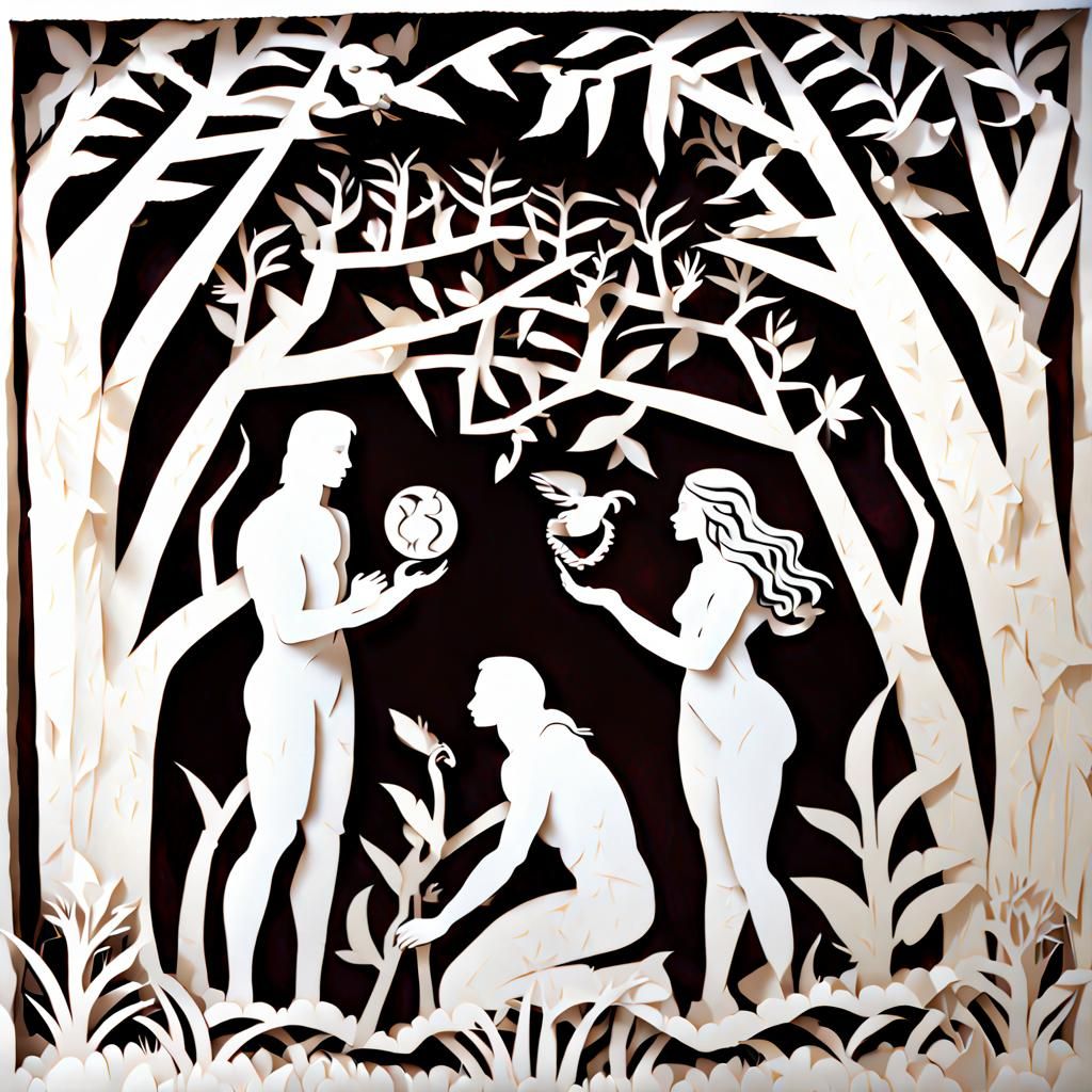Adam and Eve Temptation in Cut Paper Style