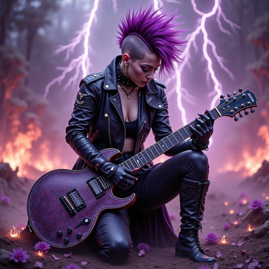 Punk Woman Cradles Guitar in Fiery Paris Park