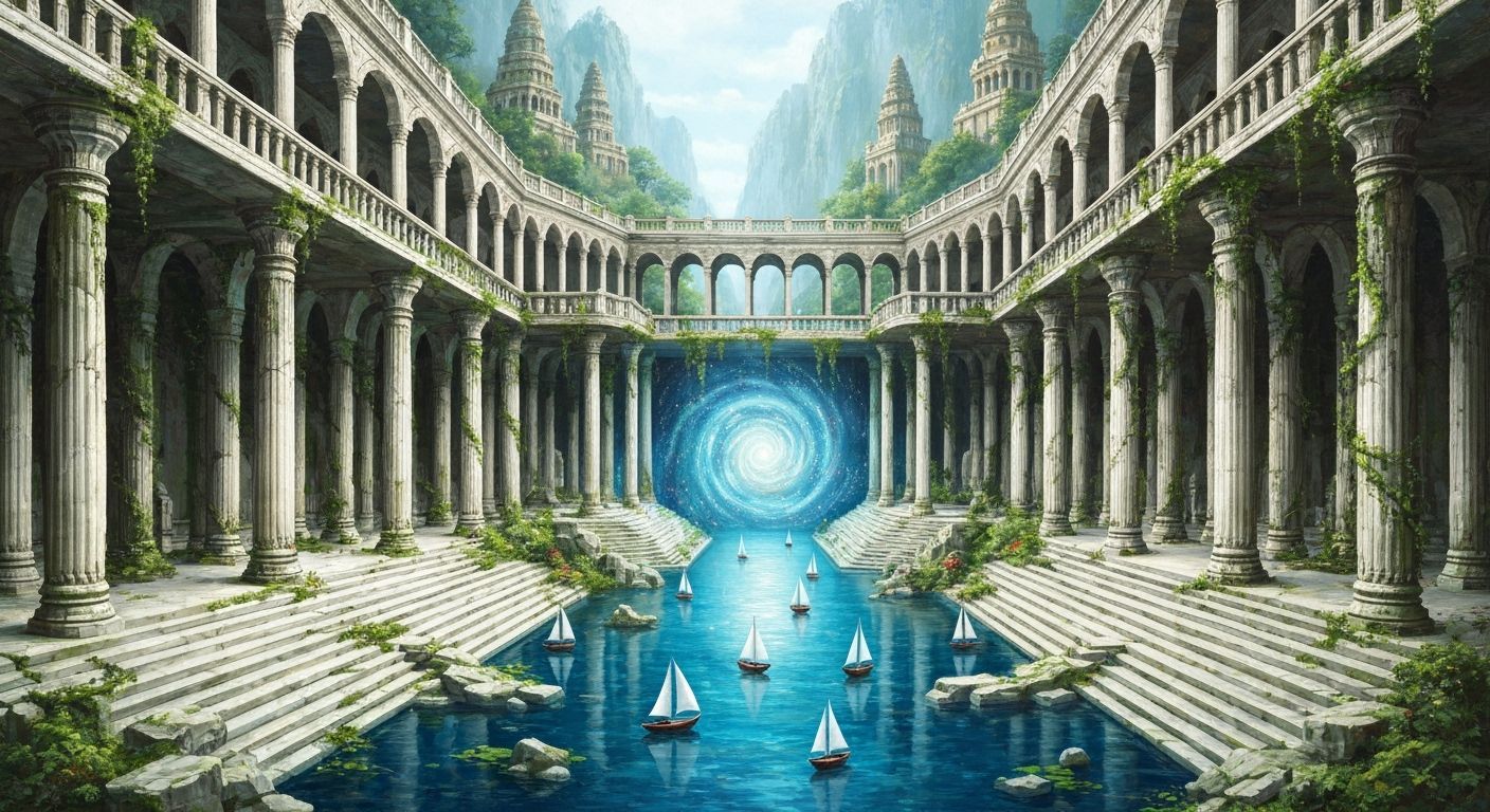 Sailboats Journey Through Temple Portal: Impasto Art