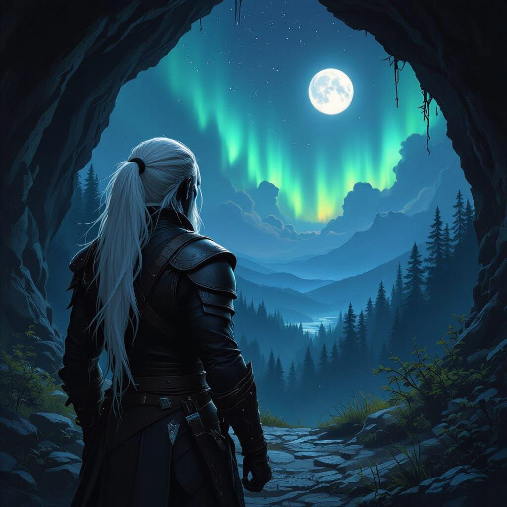Dark Elf Warrior Gazes at Aurora Borealis