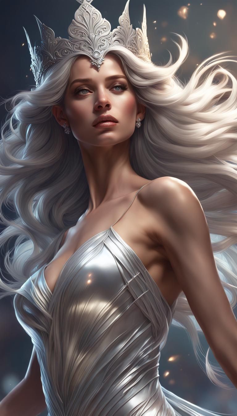 Wind Goddess in Flowing Silver Dress: Digital Portrait