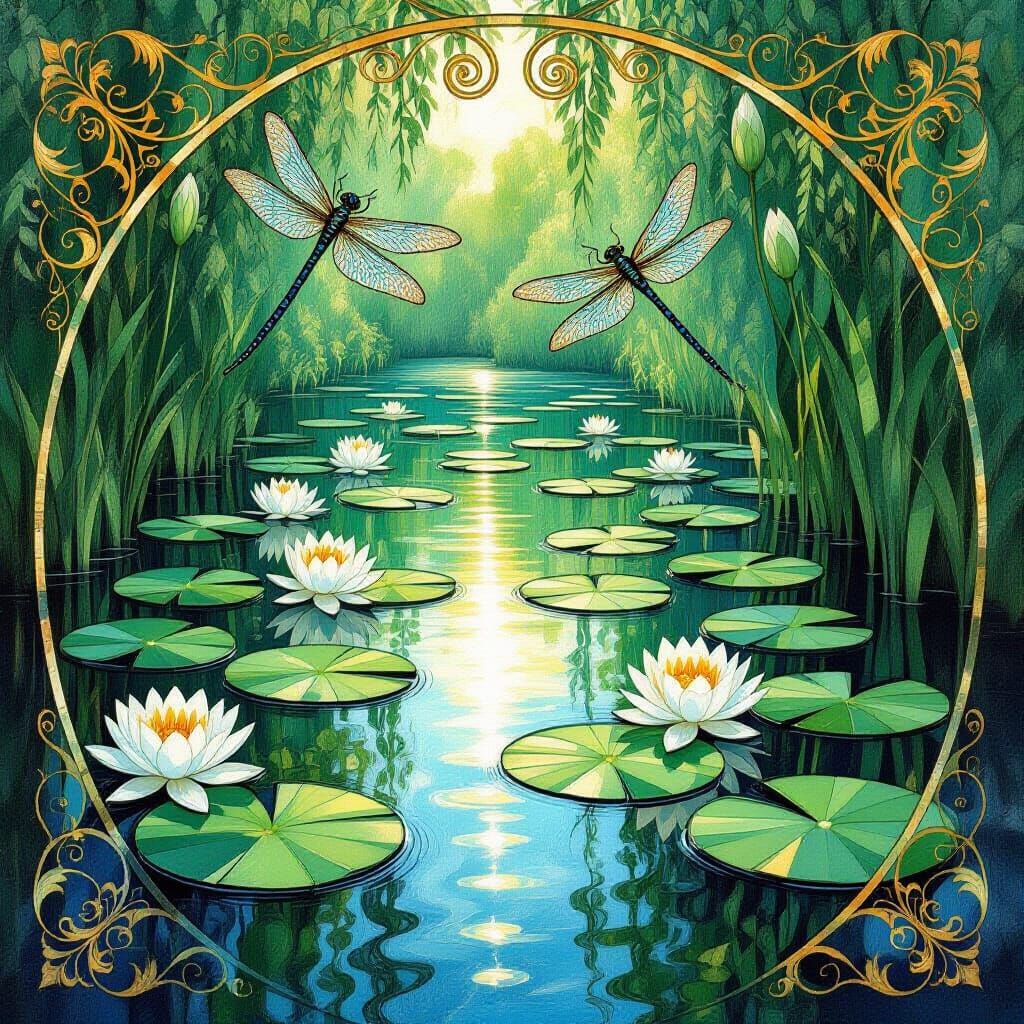 Art Nouveau River Scene with Golden Lily Pads and Dragonflie...