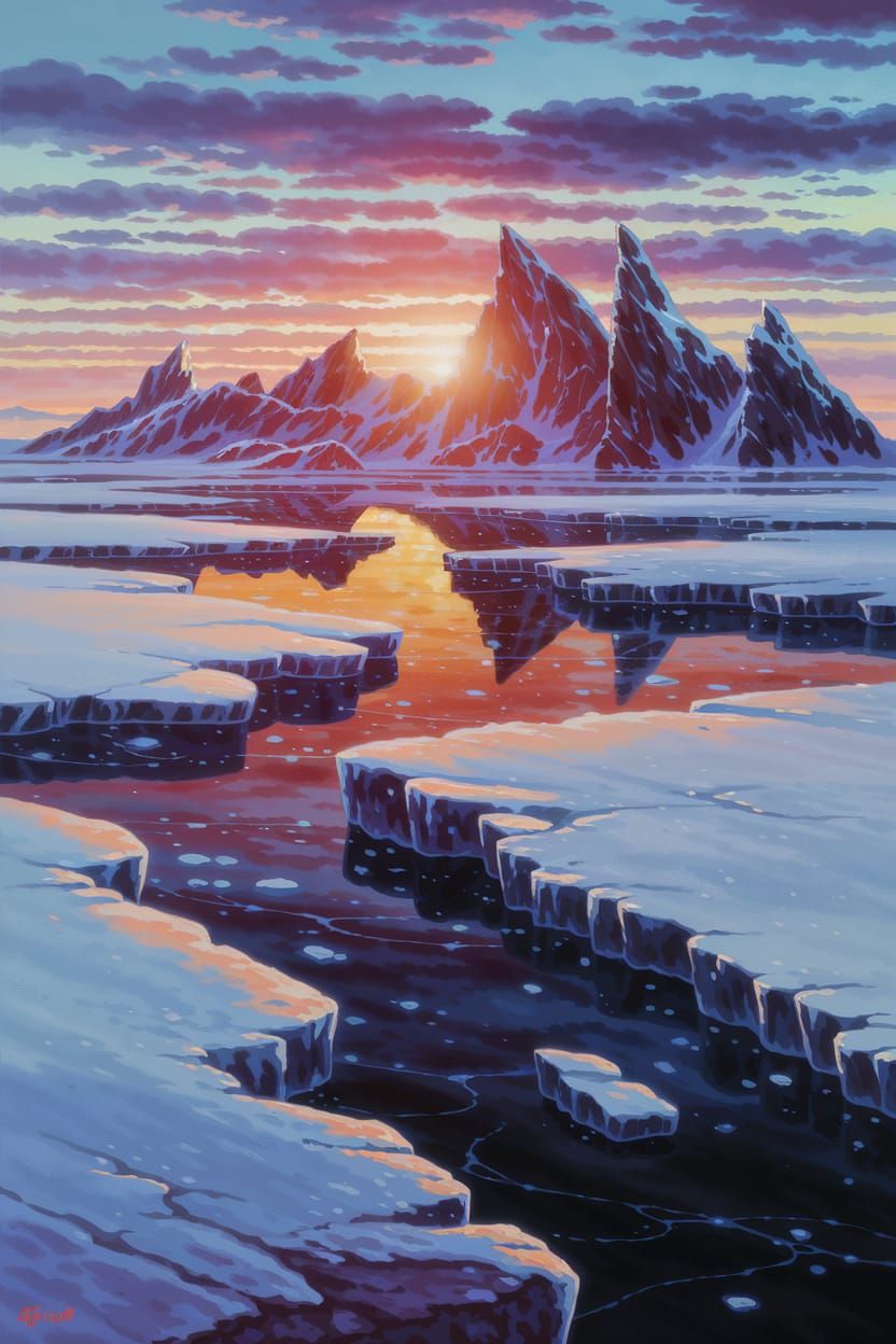 Icy Landscape Painting in Hard-Edge Anime Style
