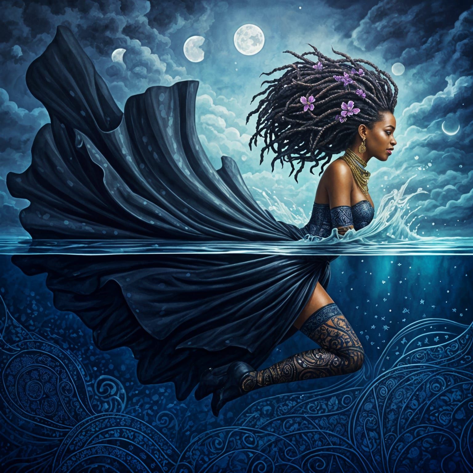 A Majestic African Queen Dives into a Moonlit Moonscape