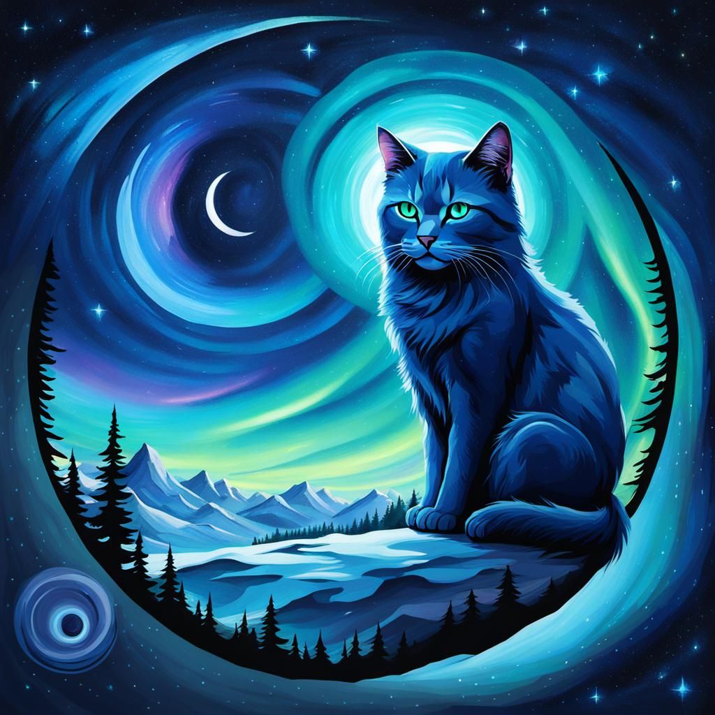 Blue Cat Surrounded by Blue Aurora Art