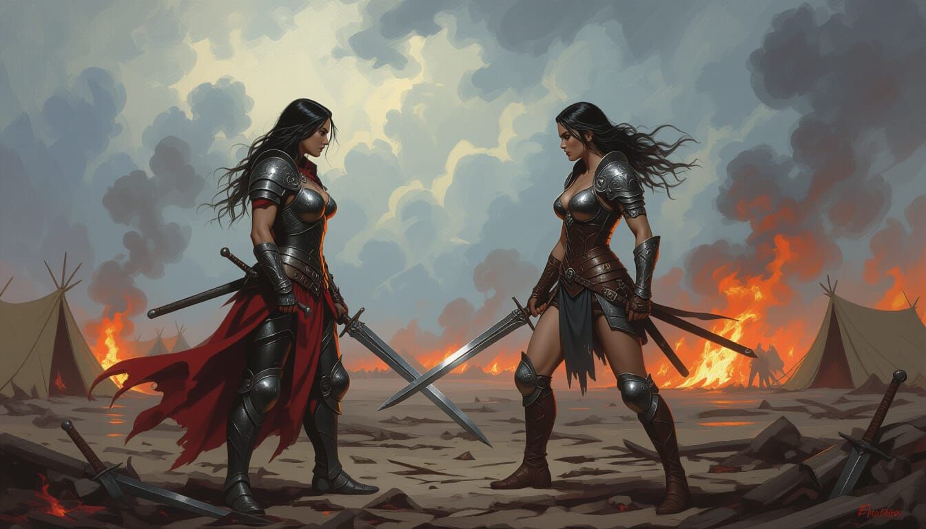 Fierce Female Warriors Clash on Stormy Battlefield