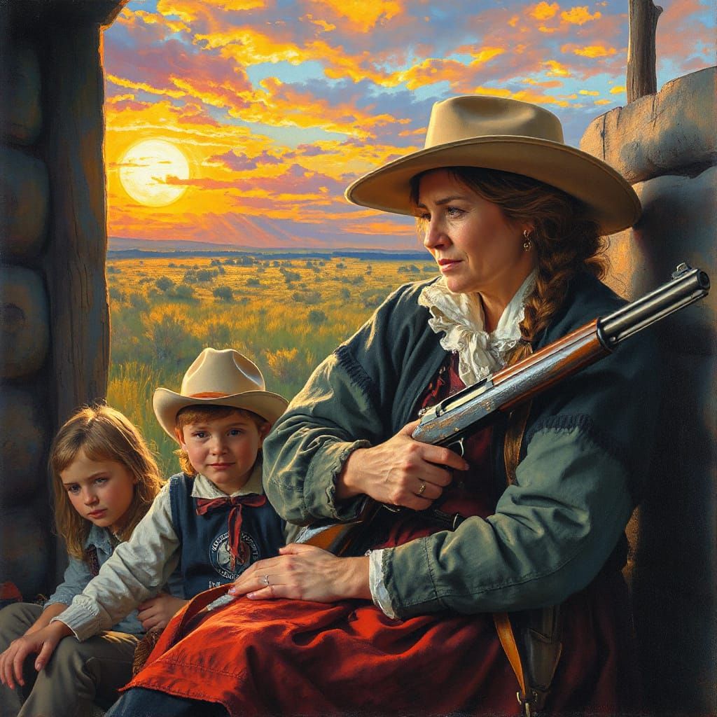 Mother and Children on Kansas Frontier Oil Painting