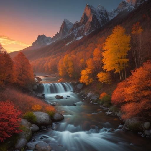 Sunrise Over Misty Mountain Stream in Warm Colors