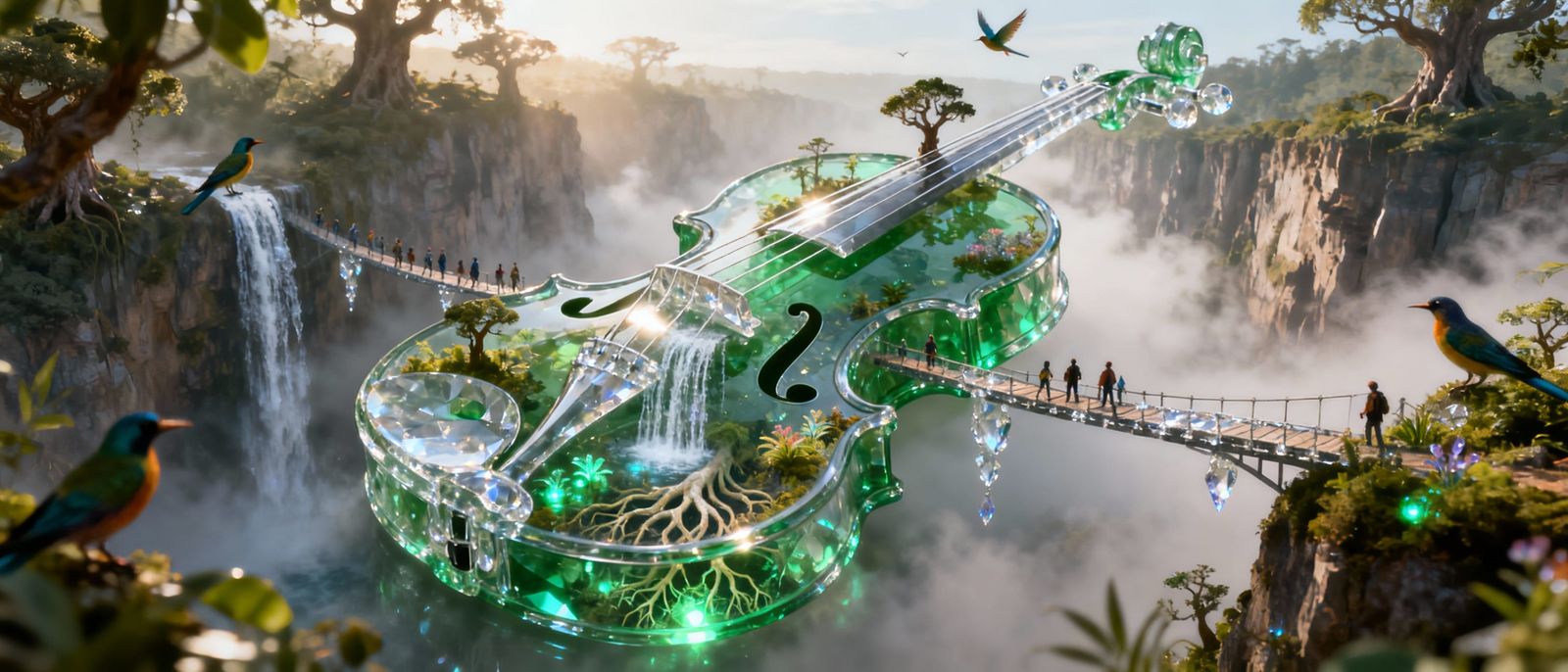 Emerald Violin Holds Miniature Jungle with Crystal Waterfall...