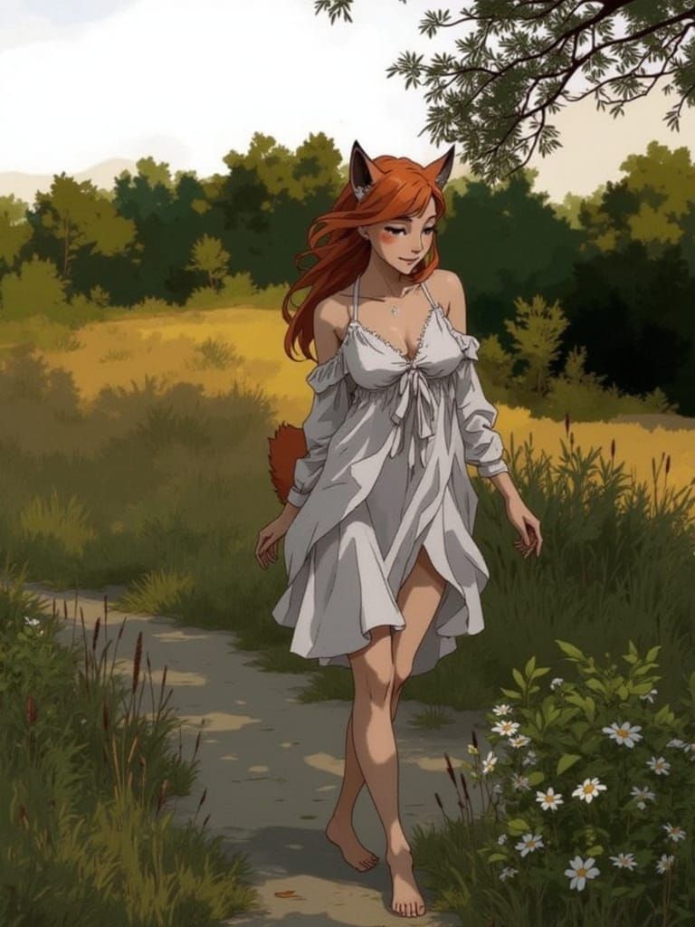 Fox-girl Vixen walking down a path near evening. (Alternate dress)