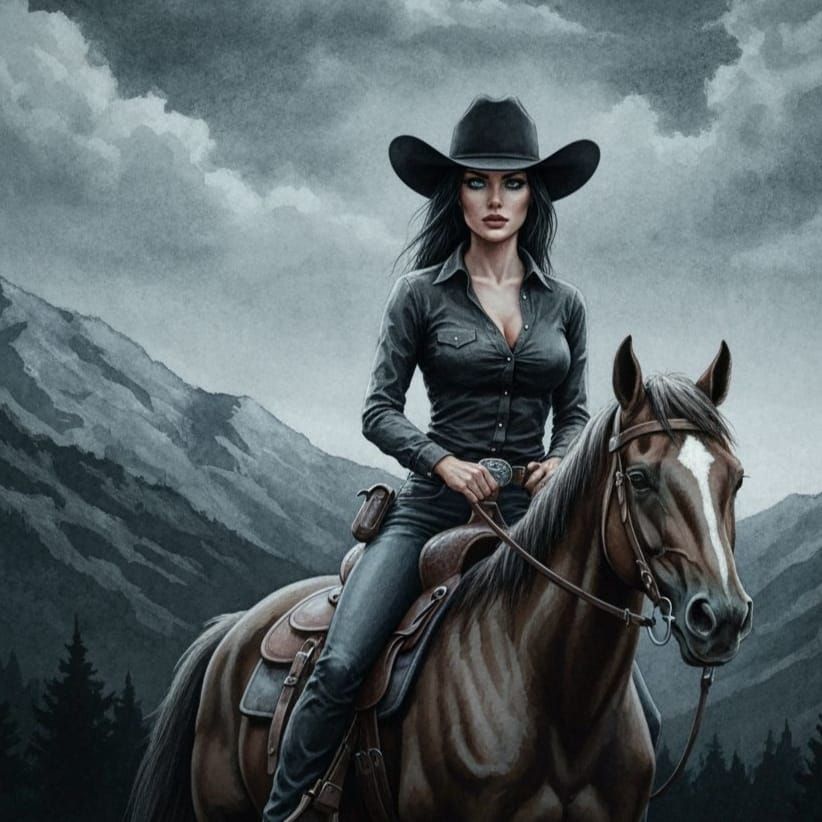 Dark Fantasy Cowgirl in Mountains, Watercolor Style
